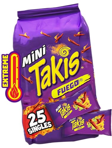 Takis Fuego Mini 25 pc / 1.23 oz Bite Size Multipack, Hot Chili Pepper & Lime Flavored Extreme Spicy Rolled Tortilla Chips