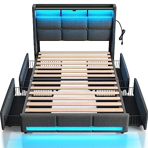 Rolanstar Twin Size Bed Frame with LED Lights and Charging Station, Upholstered Bed Storage Headboard & Drawers, Heavy Duty Wood Slats, Easy Assembly