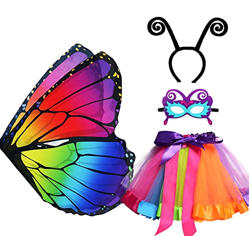 D.Q.Z Kids Fairy-Butterfly Wings Costumes for Girls with Tutu Dress Up 4Pcs Child Butterfly Wings Christmas Party (Rainbow)