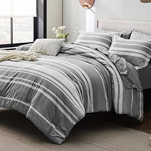 Bedsure Queen Comforter Set 7 Pieces, Grey White Striped Comforter for Queen Size Bed Reversible, Cationic Dyeing Bed in a Bag with Comforter, Sheets, Pillowcases & Shams