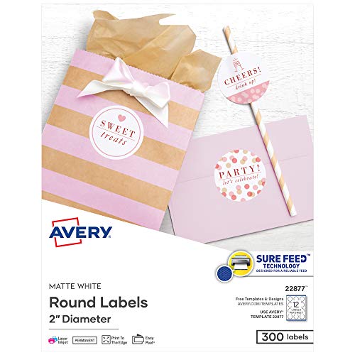 Avery Printable Round Labels with Sure Feed, 2' Diameter, Matte White, 300 Customizable Labels (22877)
