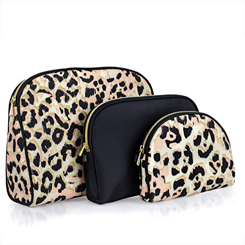 Once Upon a Rose 3 Pc Cosmetic Bag Set, Purse Size Makeup Bag for Women, Toiletry Travel Bag, Makeup Organizer, Cosmetic Bag for Girls Zippered Pouch Set, Large, Medium, Small (Black & Leopard)