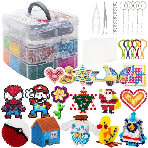 Sundymot Fuse Beads Kit - 10600 5mm Beads Craft Set with Storage Box, Pegboard, Iron-on Paper and Other Accessories. Creative DIY for Boys and Girls, Ideal Christmas and Birthday Gifts