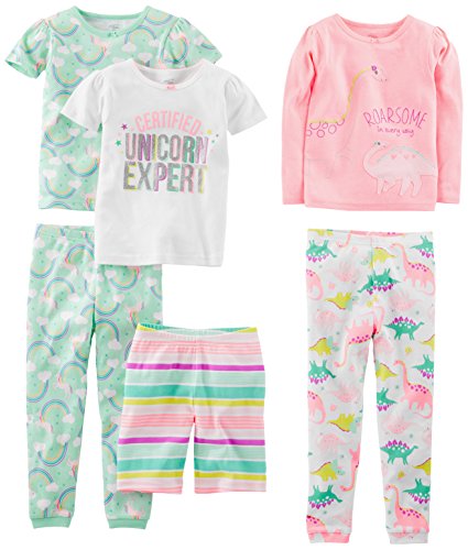 Simple Joys by Carter's Girls' 6-Piece Snug Fit Cotton Pajama Set, Mint Green Rainbow/Pink/White Dinosaur/Stripe/Unicorn, 3T