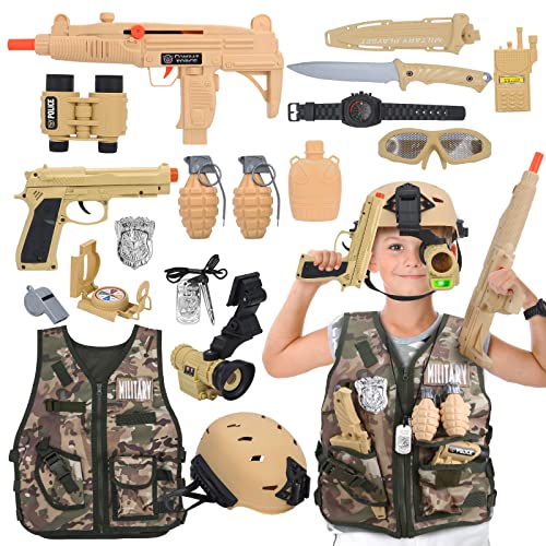 CAPTAIN CHAOWING 17 PCS Kids Army Costume, Military Soldier Dress up Role Play, Combat Marines for Halloween with Camouflage Vest, Helmet and Accessories for Kids Boys 3+