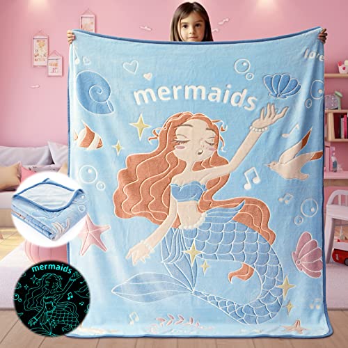 Glow in The Dark Mermaid Blanket Throw Gifts for Girls Kid Blankets Super Soft 3 4 5 6 7 8 9 10 Year Old Girl Gift Ideas Girls Toys Age 6-8 Mermaid Toys Easter Christmas Birthday Gifts 50'x 60'