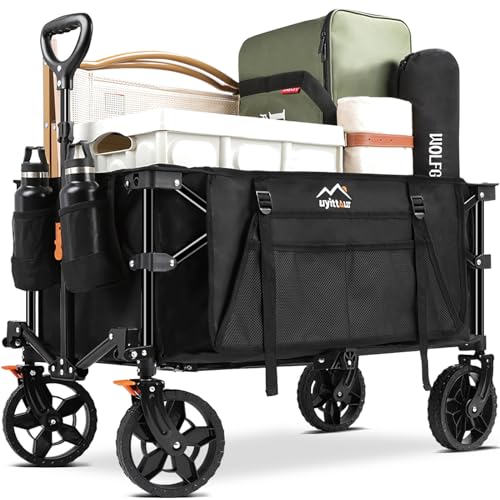 Uyittour Wagon Cart Heavy Duty Foldable, Collapsible Folding Wagon with Compact Folding Design, Utility Grocery Wagon with Side Pocket and Brakes for Shopping, Sports, Camping and Garden