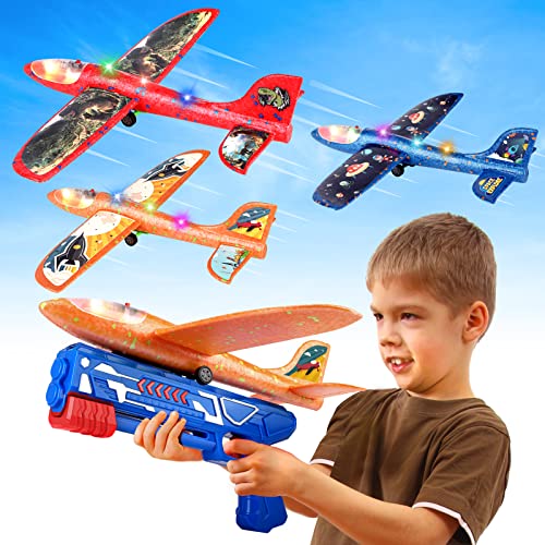 3 Pack Airplane Launcher Toy,Foam Glider Led Plane, Catapult Plane Boy Toys with 3 DIY Stickers, Outdoor Sport Flying Toys for Kids Gifts for 4-12 Year Old Boys Girls