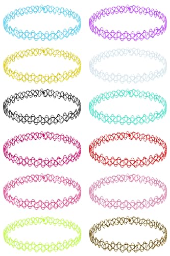 BodyJ4You 12PC Tattoo Choker Necklace Set - 90s Accessories Old School 2000s Jewelry - Vibrant Pink Blue White Green Black - One Size Women Teen Girl - Stretchy Multicolor Collar