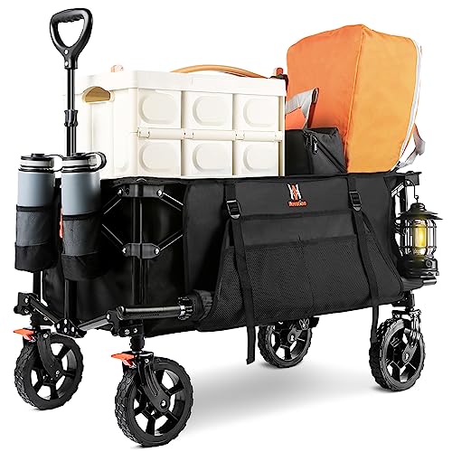 Navatiee Collapsible Folding Wagon, Heavy Duty Utility Beach Wagon Cart with Side Pocket and Brakes, Large Capacity Foldable Grocery Wagon for Garden Sports Outdoor Use, S1