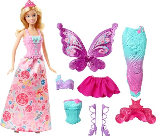 Barbie Doll Fantasy Dress-Up Set with Blonde Fashion Doll, Candy-Inspired Clothes & Accessories like Fairy Wings & Mermaid Tail
