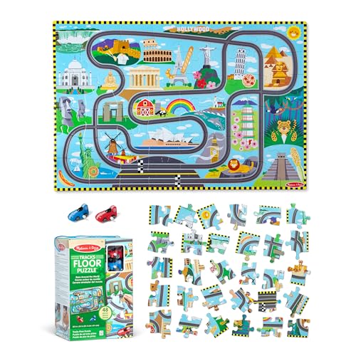 Melissa & Doug Race Around The World Tracks Cardboard Jigsaw Floor Puzzle and Wind-Up Vehicles – 48 Pieces, for Boys and Girls 4+ - FSC-Certified Materials