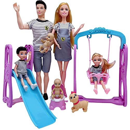 Family Dolls Set of 6 People with Pregnant Mom Dad 3 Kids and Baby Boy in Mommy's Tummy, Doll Playsets and Accessories for 3-12 Years Old Toddlers Gift(Update)