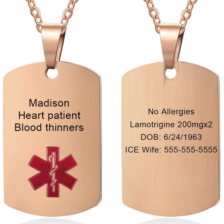 Wendy Made Medical Alert Necklace for Men Women Stainless Steel Engraved Medical ID Tag Emergency Med Alert Necklace for Men & Women Medical Alert Jewelry (Rose gold, Customize)