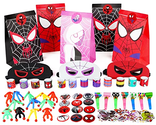 110pcs Spider and Friend Theme Party Favor Superhero Birthday Party Supplies with Goodie Bags Stuffers Includ Masks Bracelet Badge Stickers Etc for Game Prizes Classroom Rewards and Kids Return Gifts