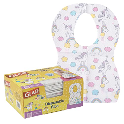 Glad for Unicorns Paper Bibs, 30 Count | Disposable Travel Paper Bibs with Cute Unicorns Design for Kids | Art & Craft Disposable Kids Bibs