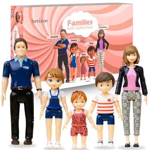 TOMLEON Family Dollhouse People - Doll House People Figures - 5 Poseable Action Figures Incl. Mom, Dad, Sister, Brother, Toddler - Small Dolls for Dollhouse - Dollhouse Dolls - Dolls for Dollhouse