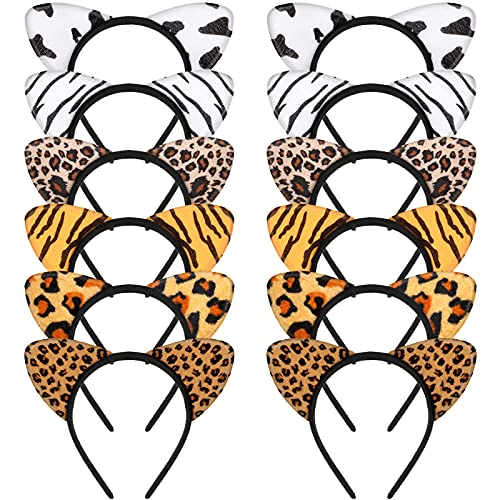 WILLBOND 12 Pieces Cheetah Ears Headband for Women Leopard Cat Ears Headband Holiday Party Supplies(Assorted Animal Series)