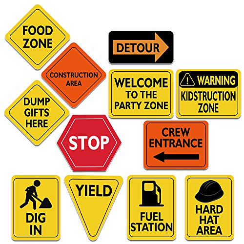 WERNNSAI Construction Zone Party Decorations - 12 PCS Size 8” Traffic Sign Cutouts for Boys Kids Birthday Party Construction Theme Party Supplies