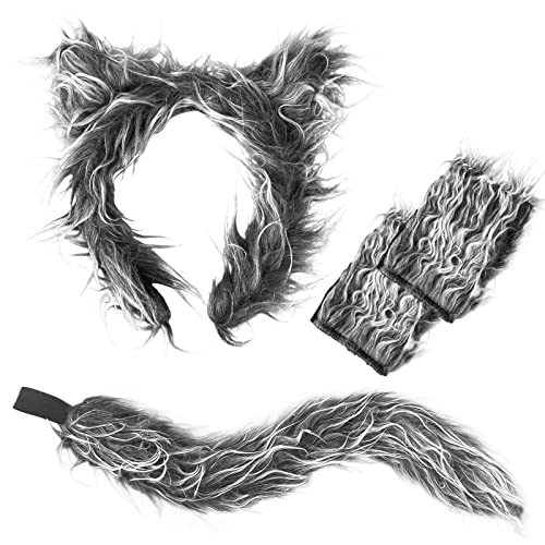 Exlinonline Werewolf Wolf Costume With Headband,Gloves,Ears and Tails For Mens,Women, Kids,Boys, Girls All In One Halloween Dress-Up Accessories Kit
