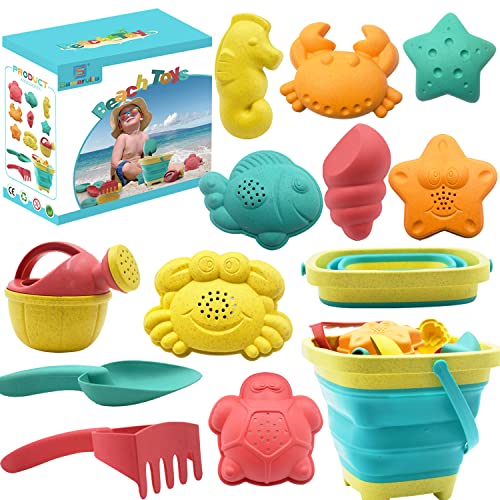 Beach Toys for Kids - Sand Toys Set Includes Collapsible Sand Bucket Shovel and Sand Rake Toys for Beach 12 PCS, Sandbox Toys Sandcastle Building Kit with Waterproof Net (A)