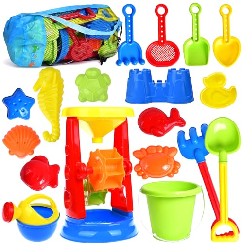 Beach Toys, 19 Piece Sand Toys Set Kids Sandbox Toys Includes Water Wheel Beach Tool Kit Bucket Watering Can Molds Sand Toys Mesh Bag for Travel, Beach Toys for Kids Ages 3-13