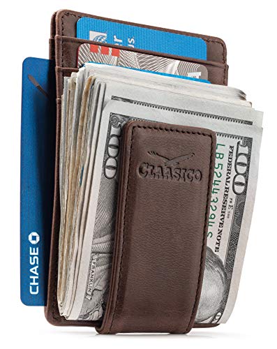 Money Clip Leather Wallet For Men Slim Front Pocket RFID Blocking with Super Strong Magnetic