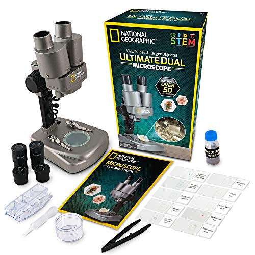NATIONAL GEOGRAPHIC Dual LED Kids Microscope - 50+ pc Science Kit with 10 Prepared Slides & 10 DIY Blank Slides, Biology Experiment Activity, Microscope Kit for Kids 8-12 (Amazon Exclusive)