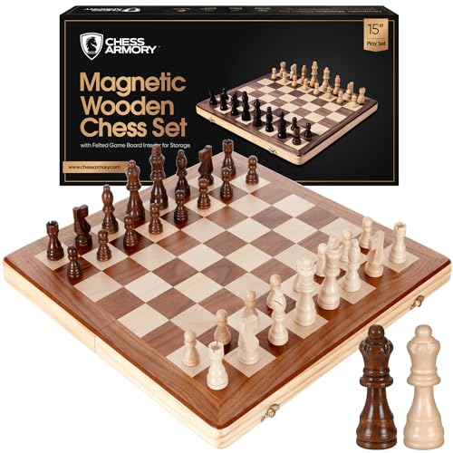 Chess Armory Chess Sets 15 Inch Magnetic Wooden Chess Set Board Game for Adults and Kids with Extra Queen Pieces & Storage Box