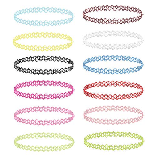 BodyJ4You 12PC Tattoo Choker Necklace Set - 90s Accessories 80s Old School 2000s Jewelry - Vibrant Pink Blue White Green Black - One Size Women Teen Girl - Stretchy Multicolor Collar