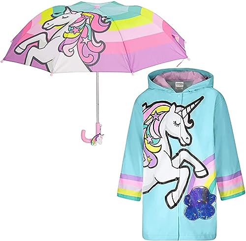 Girls Rain Jacket & Kids Umbrella Set - Toddler Umbrellas for Rain - Kids Raincoat for Boys and Girls Rain Coat for 5-7 (Unicorn Design)