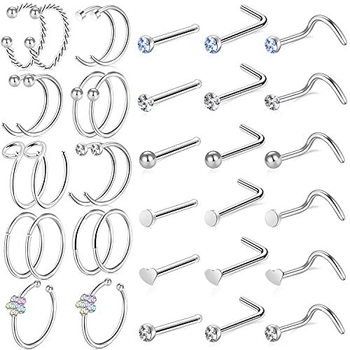 ONESING 36 Pcs Nose Rings for Women Nose Piercings Jewelry Nose Studs 20G Nose Rings Hoop Screw Stainless Steel for Women Men
