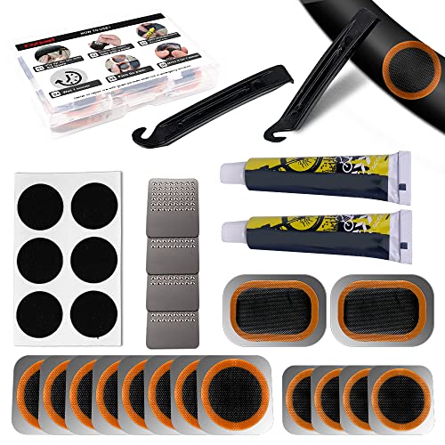 Exppsaf Bike Inner Tire Patch Repair Kit - with 15 PCS Vulcanizing Patches, 6 PCS Pre Glued Patchs, Portable Storage Box, Metal Rasp and Lever - Also for MTB BMX Road Mountain Bicycle Travel