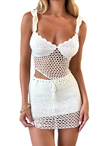 Sunloudy Women 2Pcs Crochet Knit Skirt Set Tube Crop Top + High Waist Bodycon Skirt Cover Up Beachwear(White,Small)