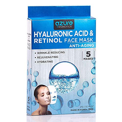 AZURE Hyaluronic Acid & Retinol Anti Aging Facial Mask - Rejuvenating & Hydrating Face Mask - Helps Reduce Fine Lines & Wrinkles, Smooths & Repairs - Skin Care Made in Korea - 5 Pack