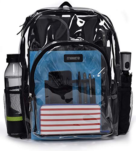 Masirs Heavy Duty Clear Backpack, Stadium Approved Transparent Design, Quick Access at Security Checkpoints, Adjustable Shoulder Straps, Dual Zippered Compartments & Mesh Side Pockets, (16'H x 11'W)