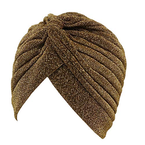 GETACOTA Pleated Glitter Turban for Women Stretchy Hat Beanie Headwrap Knot Twist Elastic Chemo Slip on Cap Headwear Accessories (Gold)