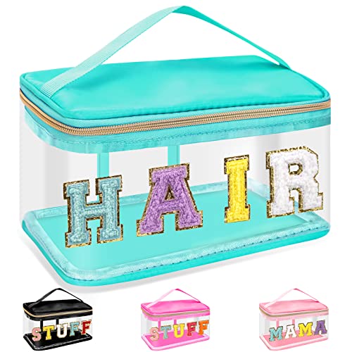 Chenille Letter Clear Makeup Bags Hair Pouch, Preppy Patch Makeup Bag Zipper with Handle, Transparent PVC & Nylon Waterproof Glitter Cosmetic Handbag Travel Toiletry Storage for Women Girl(HAIR-Green)