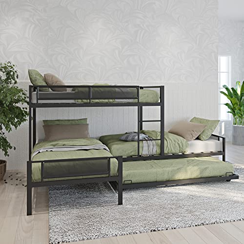 Oudiec L-Shape Metal Triple Bunk Bed with Trundle,Twin Over Twin Over Twin Bunk Bed w/Safety Textilene Guardrals for 4 Kids Adults,No Box Spring Needed,Black