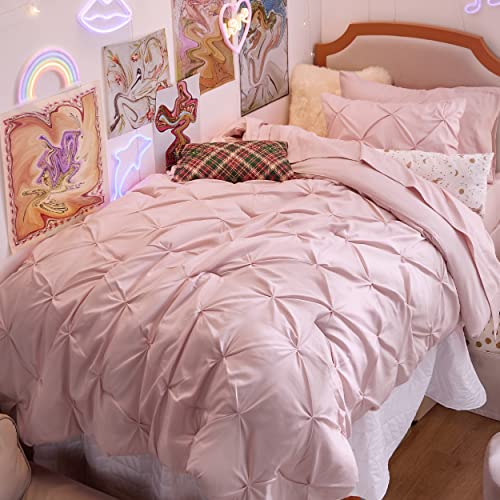 Bedsure Pink Twin Comforter Set for Girls - 5 Pieces Twin Bedding Sets, Pinch Pleat Pink Twin Bed in a Bag with Comforter, Sheets, Pillowcase & Sham