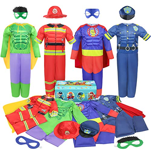 Teuevayl Boys Muscle Chest Dress up Costumes Set Trunk with Superhero, Policeman, Fireman, Kids Pretend Role Play , Boys Dress up Clothes for Kids Ages 4-7