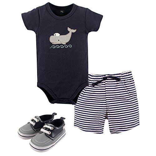 Hudson Baby baby boys Cotton Bodysuit, Shorts and Shoe Layette Set, Sailor Whale, 12-18 Months US