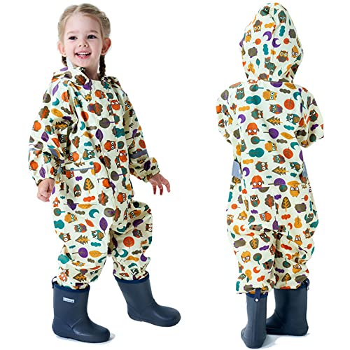 Fewlby Kids Toddler Rain Suit for Boys Girls One Piece Hoodie Zipper Cartoon Waterproof Coverall Rain Jacket 1-10 Years S Size