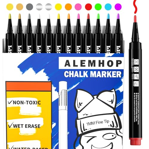 ALEMHOP Chalk Markers - 12 Vibrant, Erasable, Fine Tip, Includes 3 Metallic Liquid Chalk Markers For Kids - Wet Erase Markers Fine Point - Chalk Board Markers Pens for Blackboard, Window, Glass