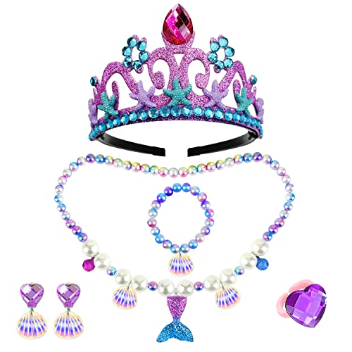 Keenjorika 6pcs Girls Princess Necklace Bracelets Ear Clips Set Mermaid Crown Pendant Colorful Plastic Princess Party Dress Up Pretend Play Christmas Gift