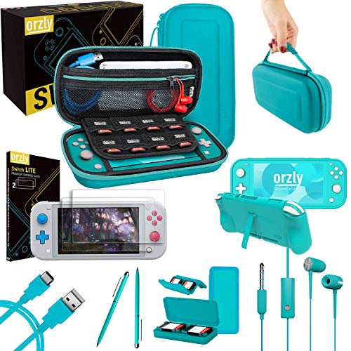 Orzly Switch Lite Accessories Bundle - Case & Screen Protector for Nintendo Switch Lite Console, USB Cable, Games Holder, Grip Case, Headphones, Thumb-Grip Pack & More (Gift Pack - Turquoise Blue)