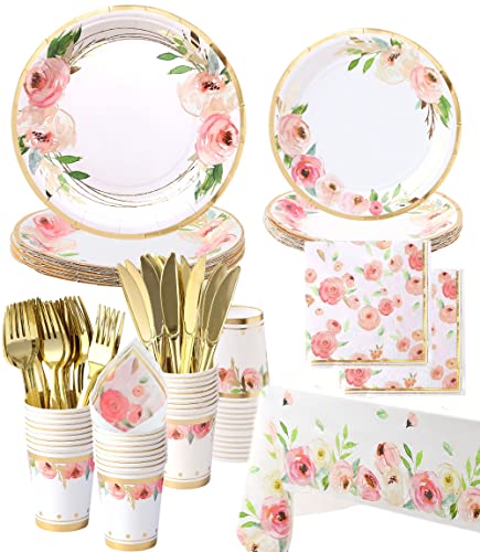 Floral Paper Plates and Napkins Party Supplies - Serves 16 - Flower Plates Floral Party Cups Knifes Forks Floral Baby Shower Decorations for Girl Pink and Gold Bridal Shower Tea Party Birthday