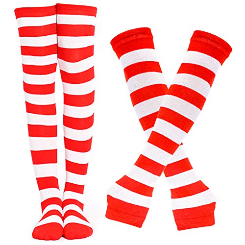 BigOtters Striped High Knee Socks, Including Red and White Socks Long Arm Warmer Gloves Crazy Outfits for Kids Girls Birthday Party Supplies Classroom Decor