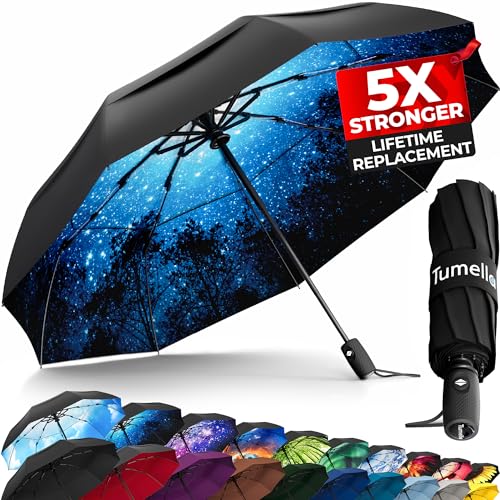 TUMELLA Strongest Windproof Travel Umbrella (Compact, Superior & Beautiful), Small Strong but Light Portable and Automatic Folding Rain Umbrella, Durable Premium Grip, Fits Car & Backpack