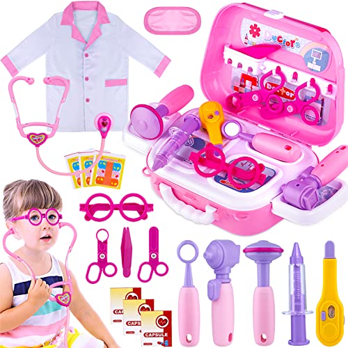 GINMIC Kids Doctor Play Kit, 22 Pieces Pretend Play Doctor Set with Halloween Role Play Doctor Costume and Carry Case for Toddlers and Kids, Medical Dr Kit Toys for Girl Age 3 4 5 6 7 Year Old